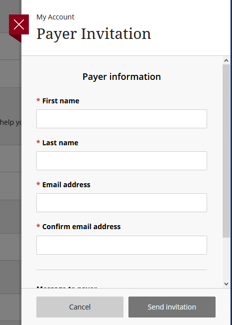 A screen with fields to enter Payer's name and email address. 
