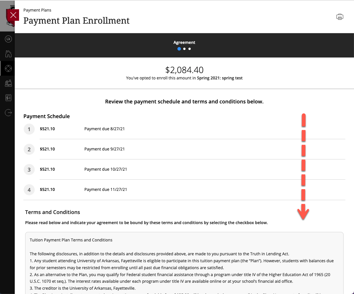 A screen with text detailing the terms of the payment plan.