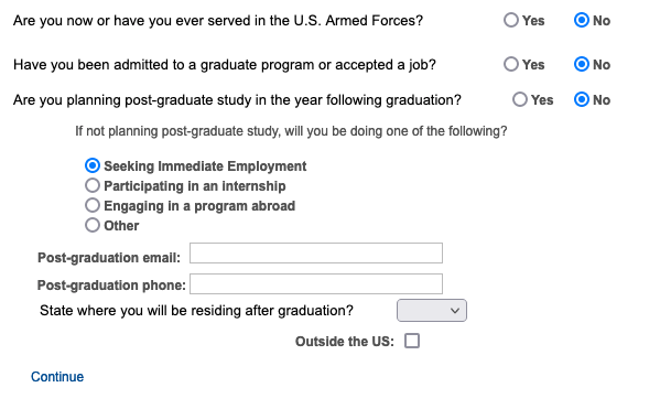 A screen asking if graduate is in the military, has a job, or will be searching for a job. 