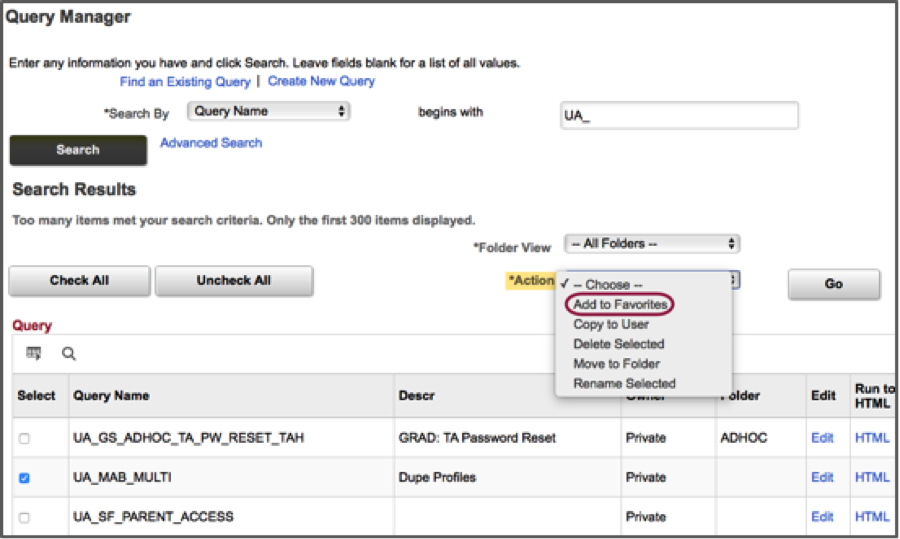 Screenshot of Query Manager page with Add To Favorites highlighted