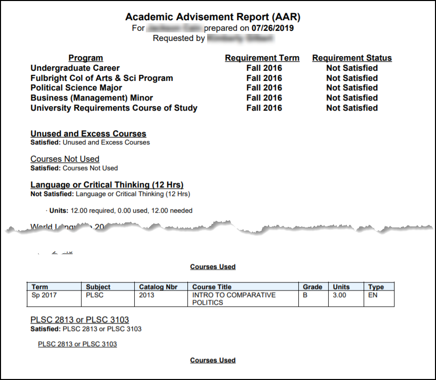 screenshot of academic advisement in pdf format