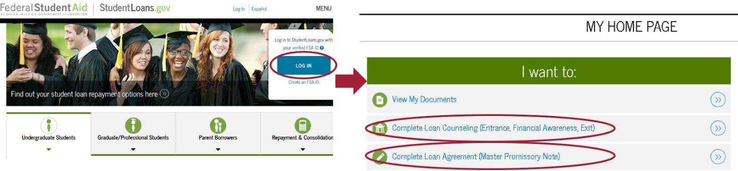 screenshot of student loans website options