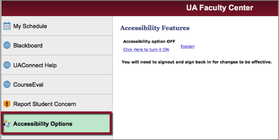 screenshot highlighting Accessibility Options in the UA Faculty Center menu