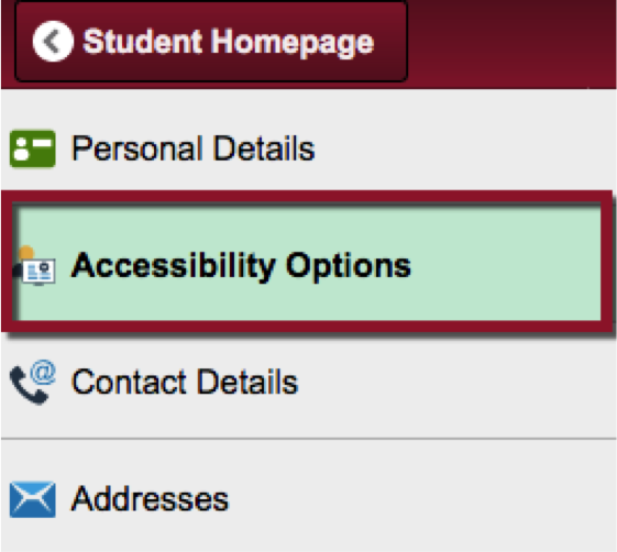 screenshot highlighting the Accessibility Options item in the student profile menu.