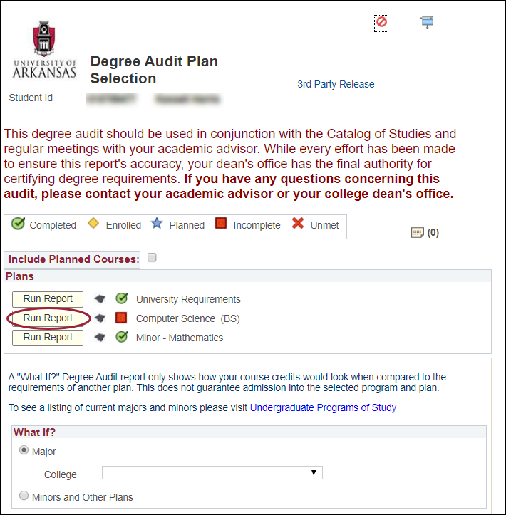 Screenshot of degree audit plan selection screen highlighting the Run Report button