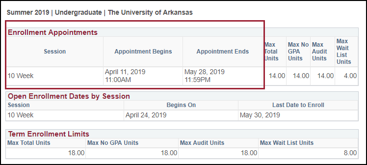 screenshot highlighting enrollment appointments information