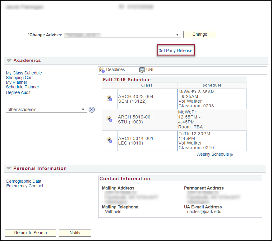 Screenshot of student details page highlighting the 3rd Party Release link