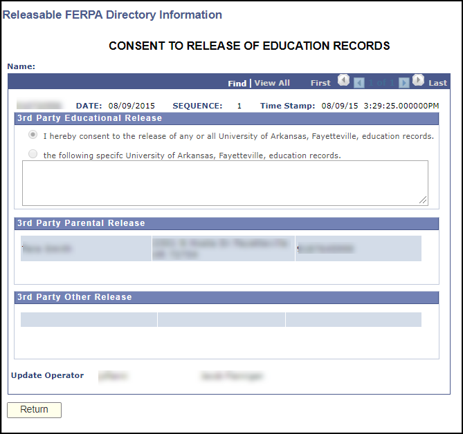 screenshot of FERPA release form