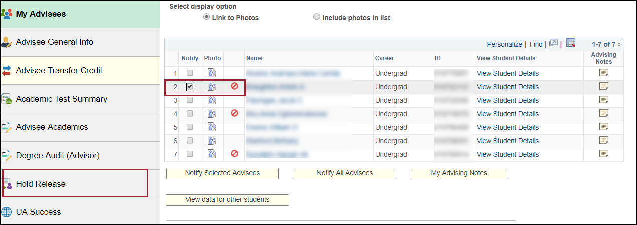 screenshot highlighting the check box next to the student's information and the Hold Release link in the menu on the left