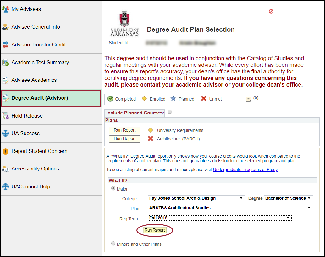 Screenshot of Degree Audit link and Run Report button 