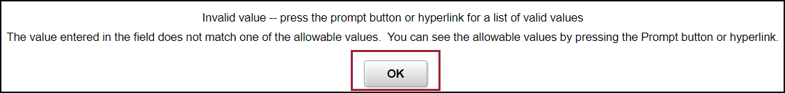 Invalid value pop-up, click OK