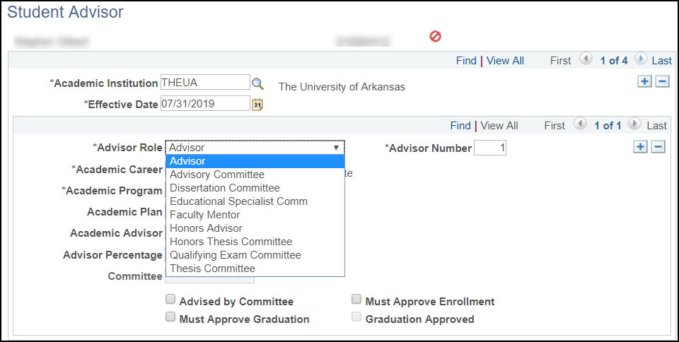 screenshot showing the Advisor Role drop-down menu on the Student Advisor screen