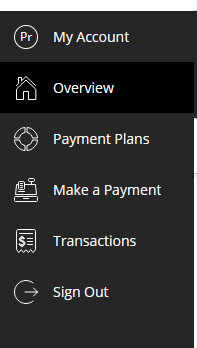 Menu screen with make a payment option. 