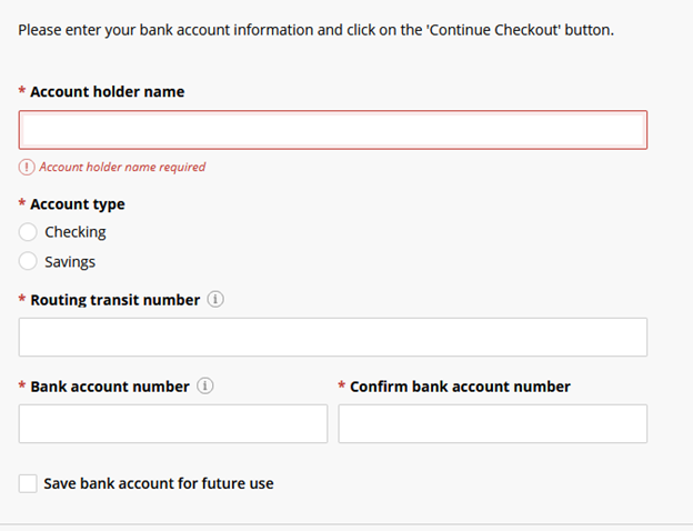 Screen asking for name, type of bank account, and account numbers. 