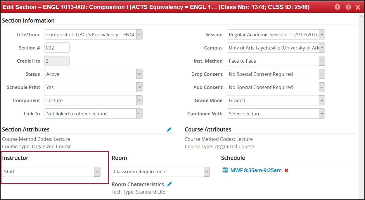 Screenshot highlighting the Instructor drop-down that displays eligible instructors