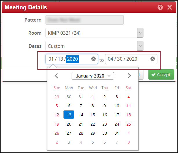 screenshot of Meeting Details calendar date selector