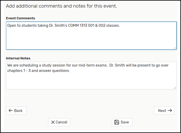 screenshot of the Event Comments and Internal Notes fields