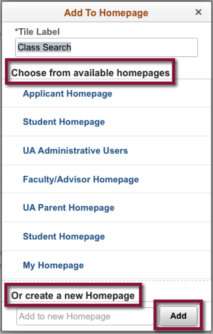 Screenshot highlighting available homepages and create a new homepage options