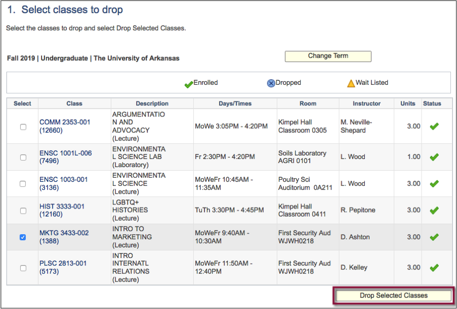 screenshot highlighting the Drop Selected Classes button