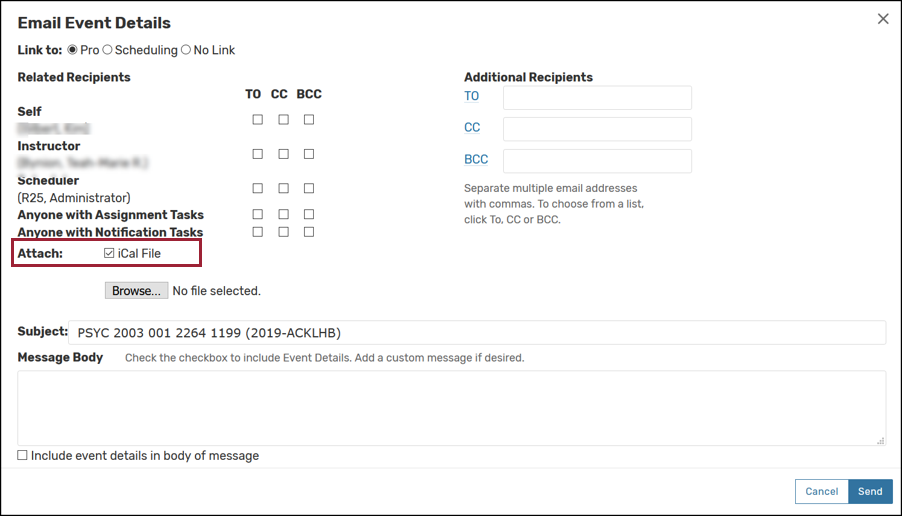 screenshot highlighting the Attach field with the iCal File box checked
