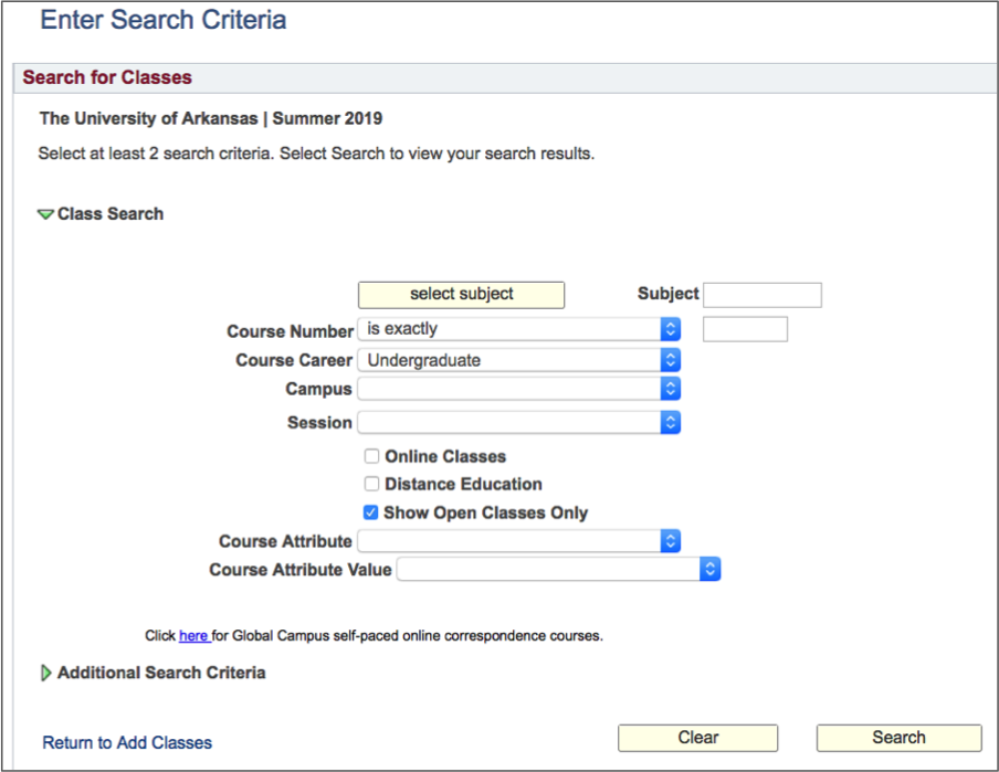 screenshot of search criteria page