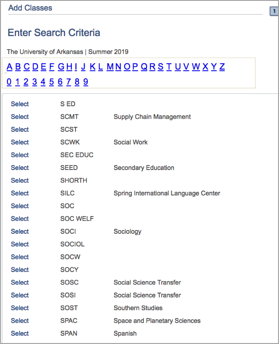 Screenshot of alphabetical course search - Enter Search criteria