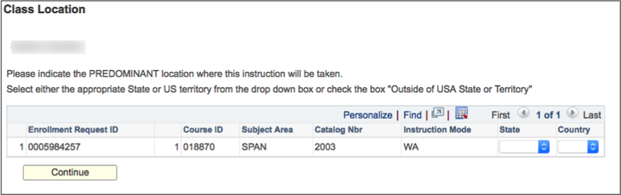 screenshot of Class location page