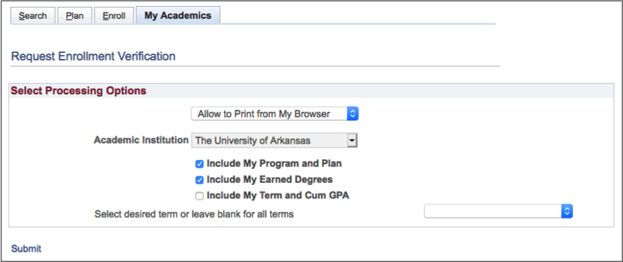 screenshot of Select Processing Options form