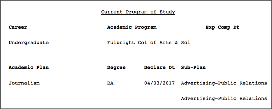 screenshot example of report with current program of study