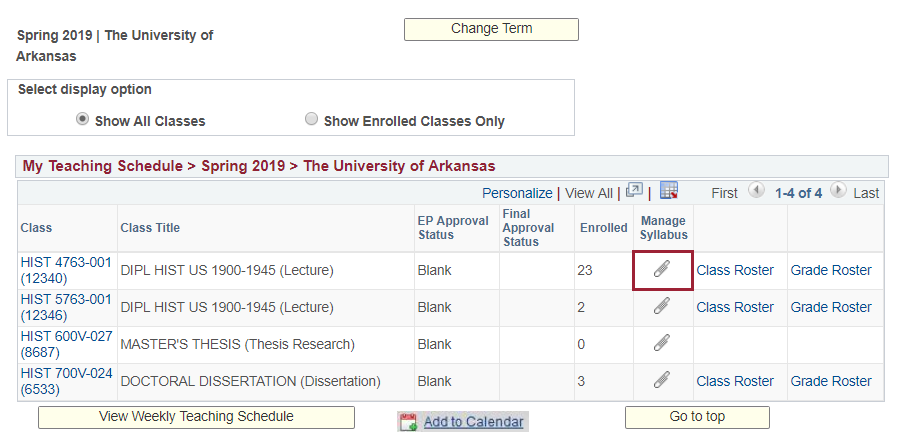Screenshot of Faculty Center page highlighting the Attachment icon under Manage Syllabus