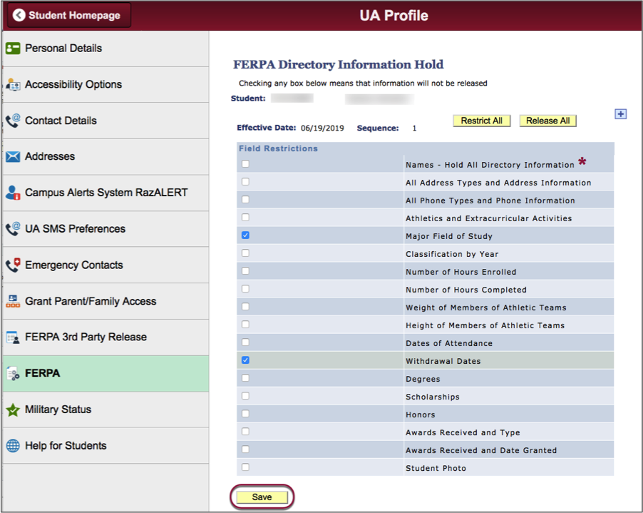 screenshot of completed FERPA directory information form with Save button highlighted