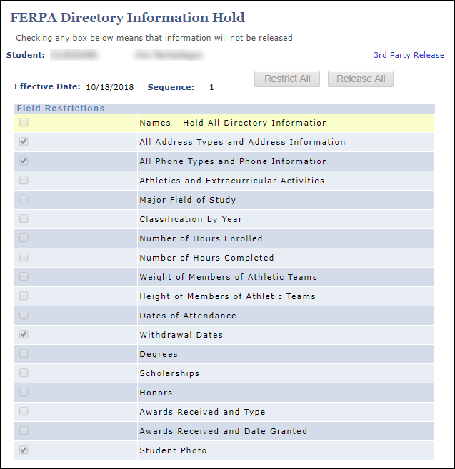 screenshot of FERPA restrictions page