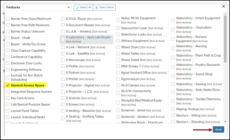 screenshot of the features list
