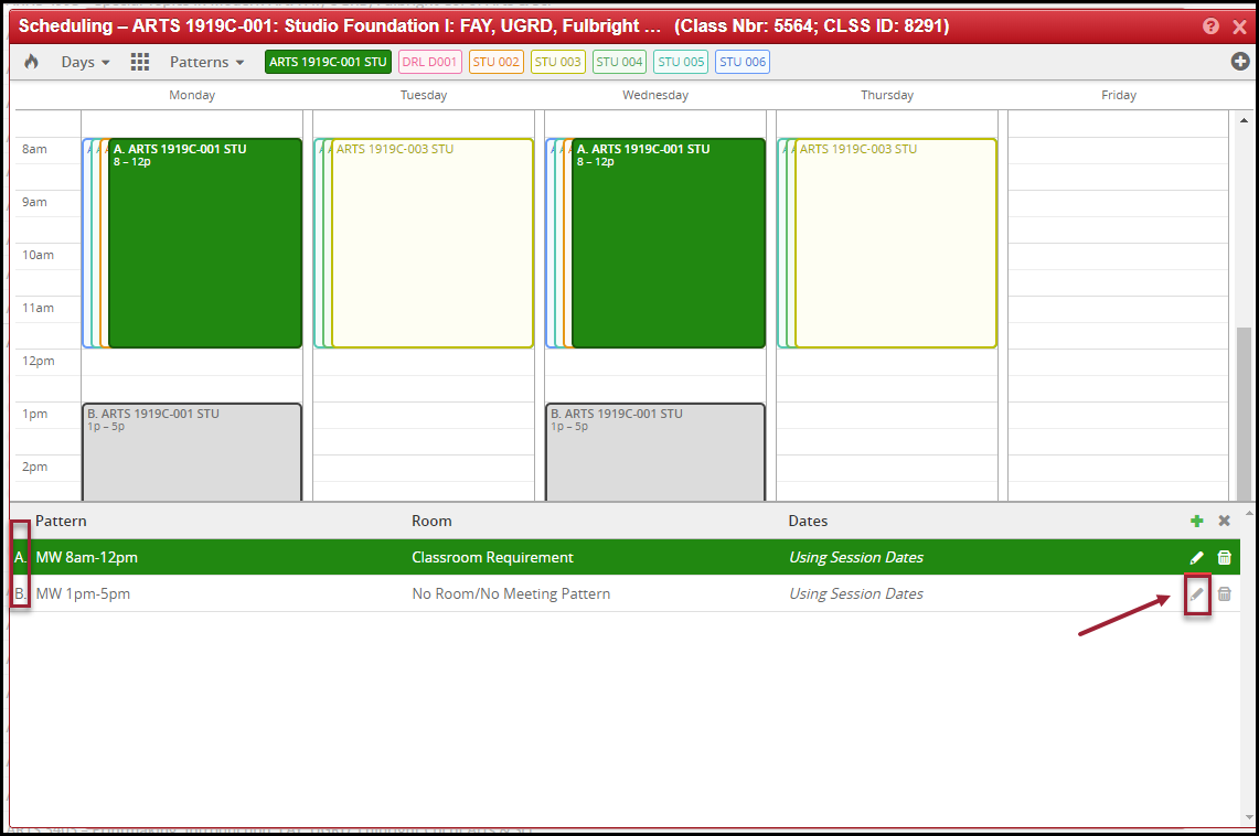 screenshot highlighting edit button and multiple meeting patterns displayed