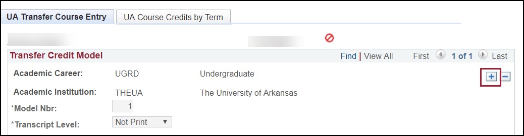 screenshot of UA Transfer Course Entry tab with the plus button highlighted