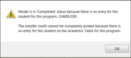 override error message: Model is in 'Completed' status because there is no entry for this student for this program. 