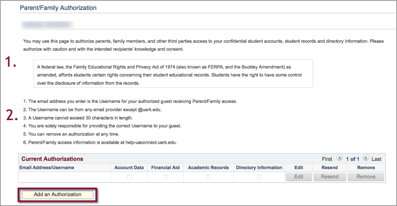 screenshot of Add an Authorization button on initial Parent/Family Authorization page