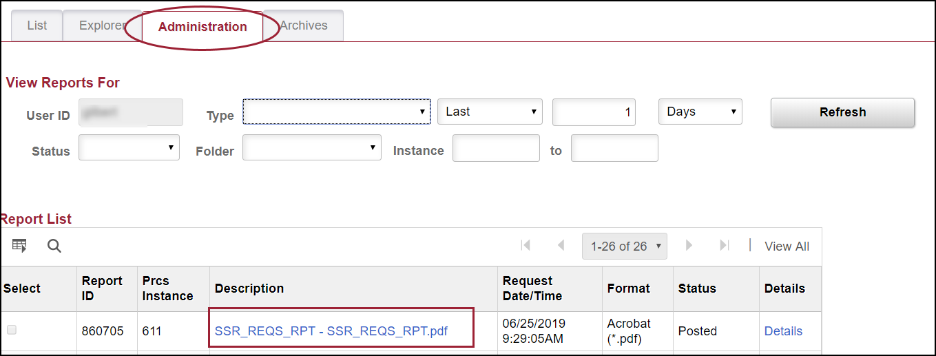 Screenshot of perc report manager Administration tab and SSR_REQS_RPT-SSR_REQS_REPT.pdf link