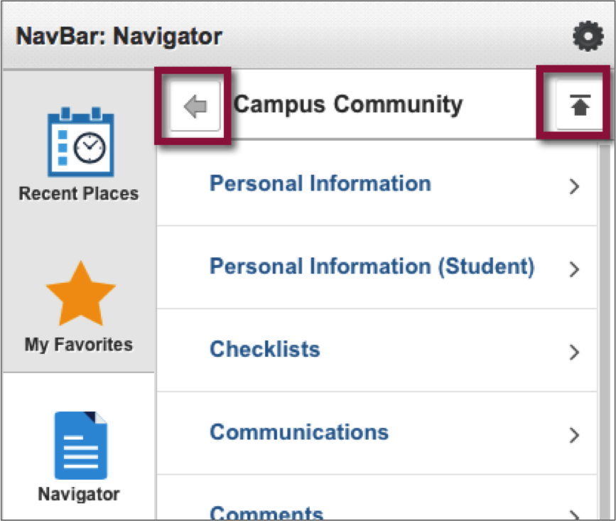 Screenshot highlighting the up and back buttons in the navigator menu