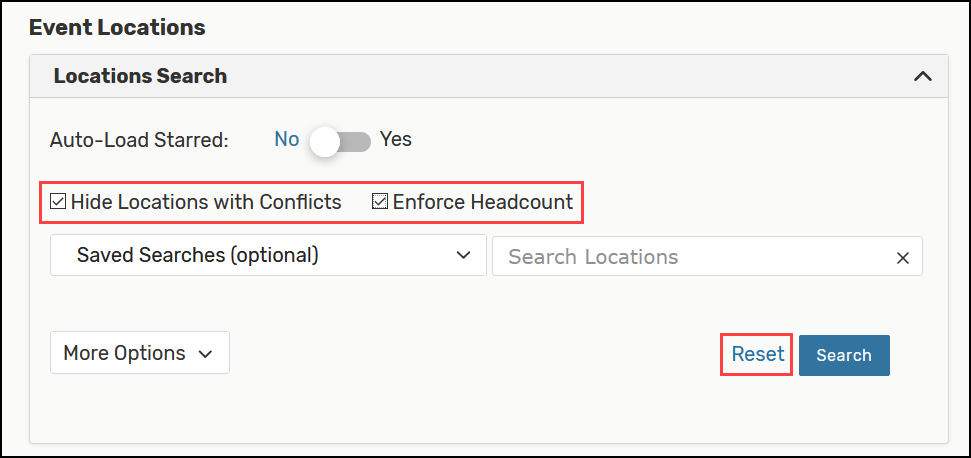 screenshot highlighting the "hide locations with conflicts" and "enforce headcount" checkboxes