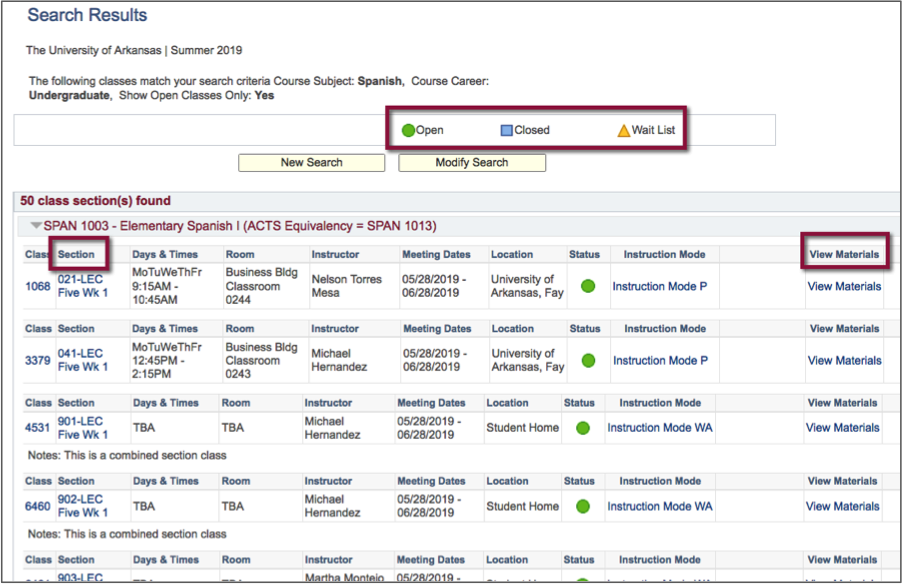 screenshot of Search Results page highlighting status legend and Section column