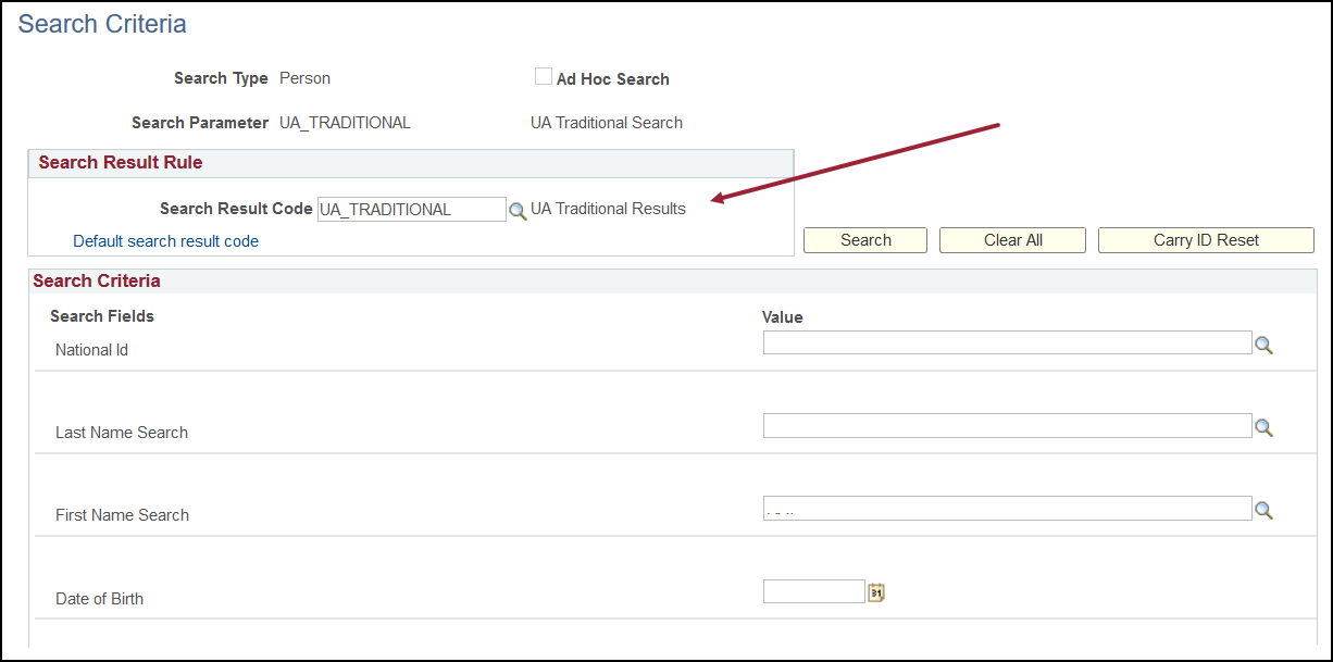 search criteria: UA Traditional Results link