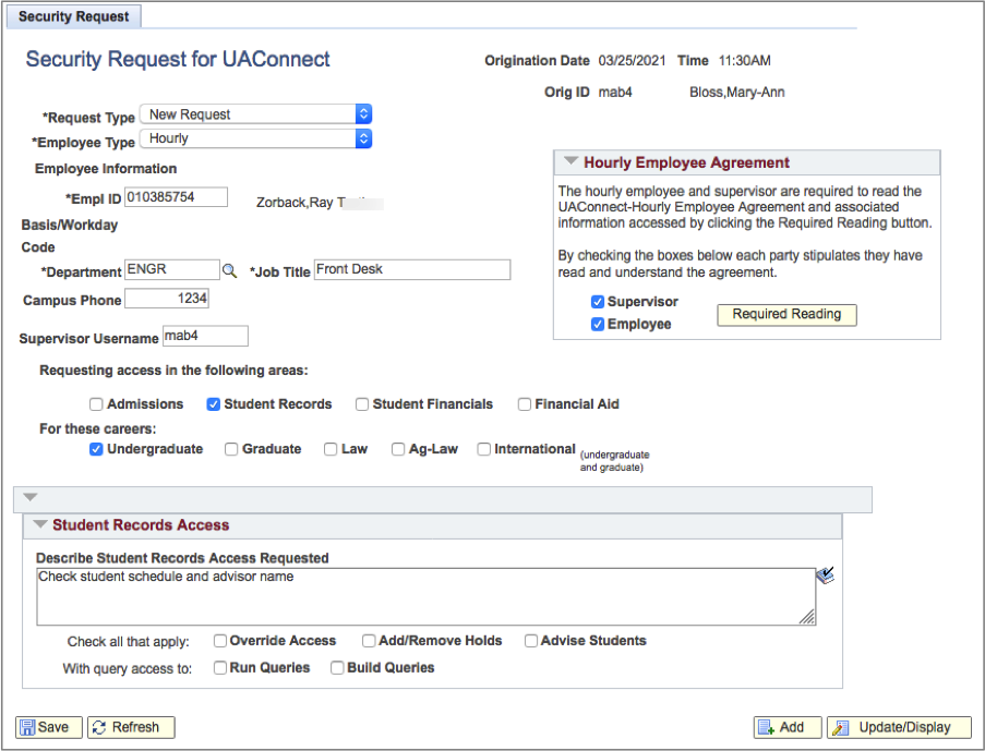 Screenshot of Security Request form
