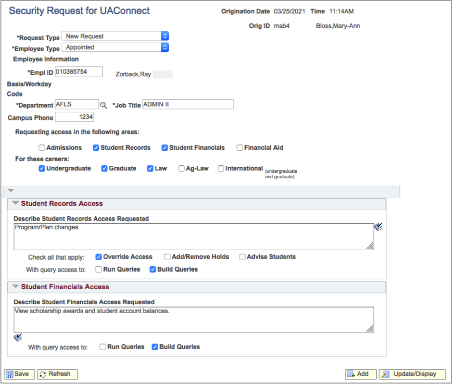 screenshot of security request form