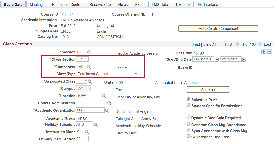 Screenshot of basic data tab showing Class Sections, Class Number, Component, and Class Type