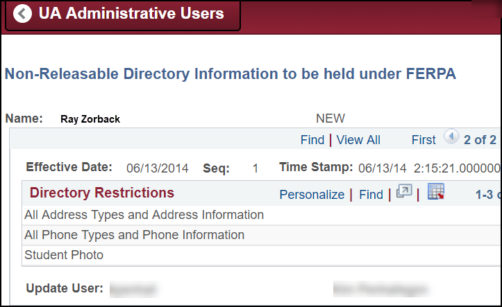 Screenshot of Non-releasable directory information to be held under FERPA