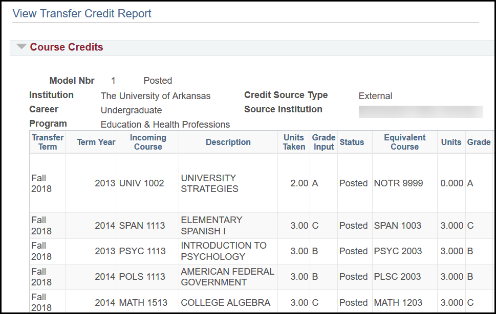 screenshot of transfer credit report