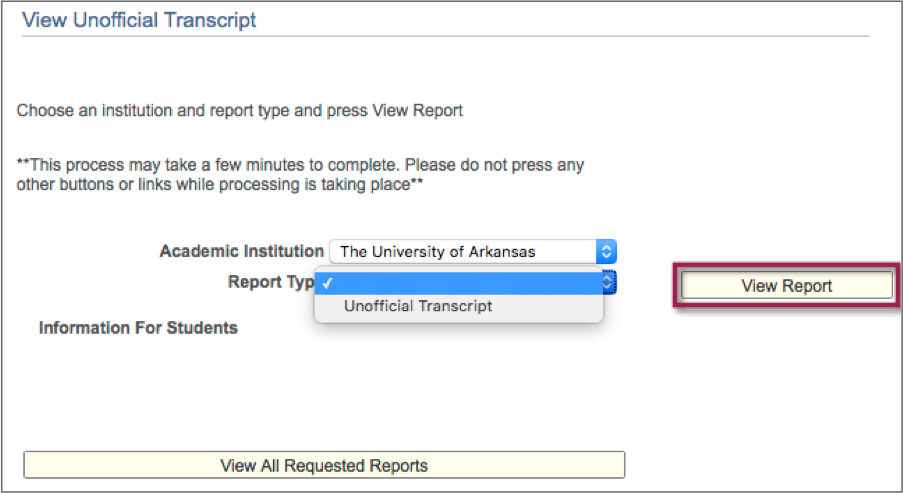 screenshot of Report Type menu and View Report button