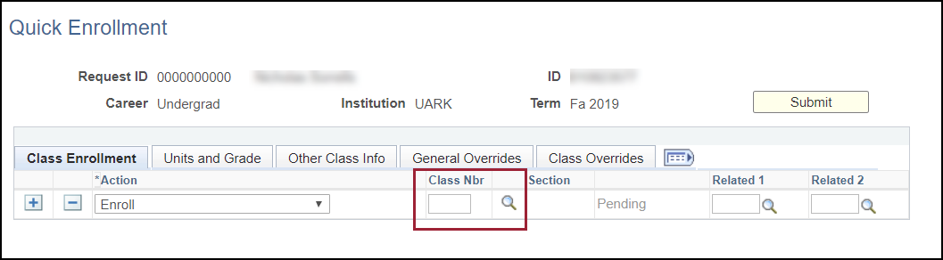 screenshot highlighting the Class Nbr field on the Quick Enrollment screen