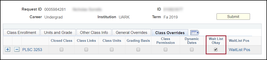 screenshot highlighting the Wait List Okay checkbox on the Class Override screen